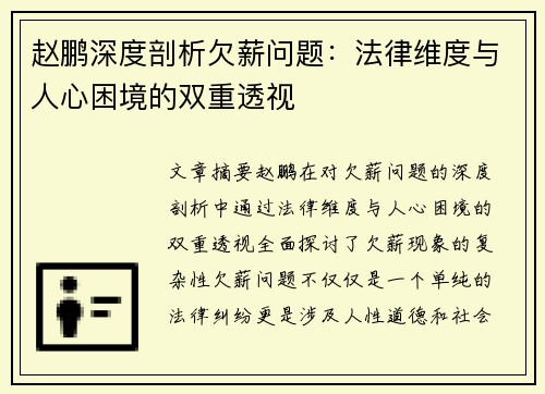 赵鹏深度剖析欠薪问题：法律维度与人心困境的双重透视